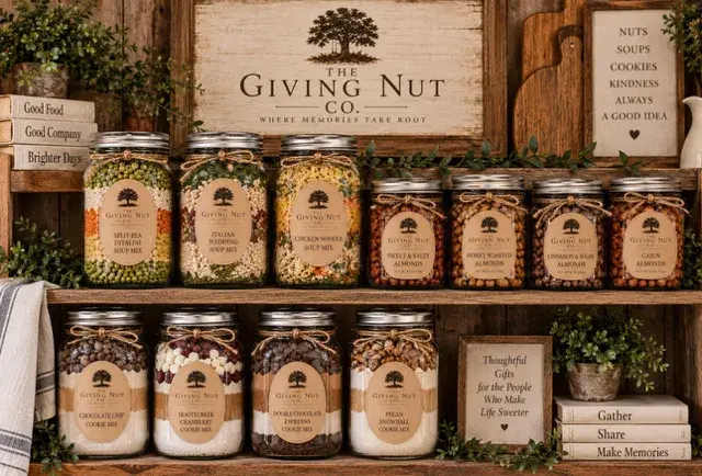 Giving Nut Co. jars on wooden shelves: soup mixes, spiced almonds and layered cookie mixes, under a painted shop sign